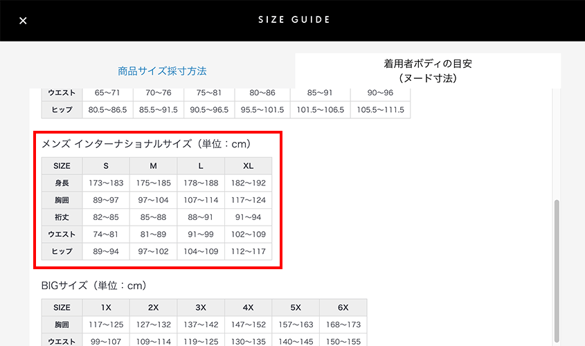 メンズ インターナショナルサイズの表画像